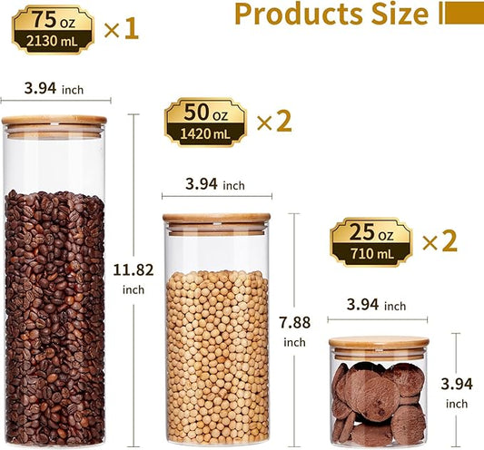 Glass Food Storage Jars with Lids[Set of 5], Perfect for Pasta, Cookies, Nuts, Coffee, Cereal, Flour, and More, Organize Your Kitchen and Pantry with these BPA-Free Glass Canisters