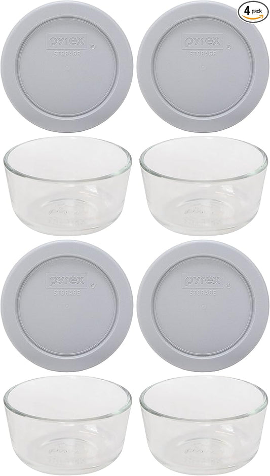 Pyrex (4) 7202 Glass Bowls & (4) Pyrex 7202-PC Jet Gray Lids Made in the USA