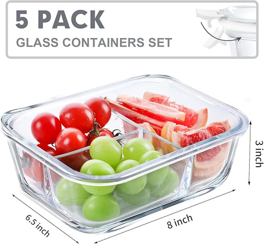 VERONES 5 Pack Glass Meal Prep Containers 3 Compartment Set, 36OZ Airtight Glass Lunch Containers, Food Storage Containers with Lids, for Microwave, Oven, Freezer & Dishwasher Friendly,White