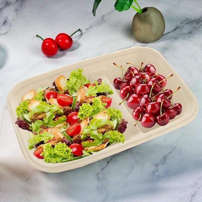 100 Pack 2 Compartment Paper Bowls Chip Dip, Nacho Cheese and Salsa, 26 Oz Compostable Food Containers Bagasse Bowls, Biodegradable Meal Prep Food Storage Deli Container for Hot/Cold Foodd