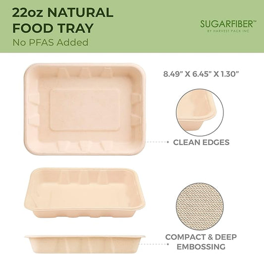 [100 COUNT]Harvest Pack 22 oz PFAS FREE Disposable Food Trays with Dome Lids, Compostable Disposable Food Container Bagasse Serving Trays, Rectangle, Made from Sugarcane Eco-Friendly Plant Fibers