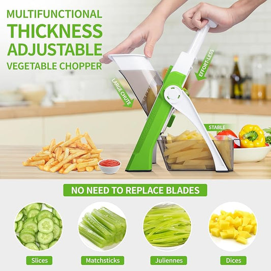 Safe Mandoline Slicer for Kitchen, Professional Vegetable Chopper With Container, Onion Chopper/Potato Slicer, More with 30+ Presets & Thickness Adjuster, Faster Food Chopper Gadgets - Green