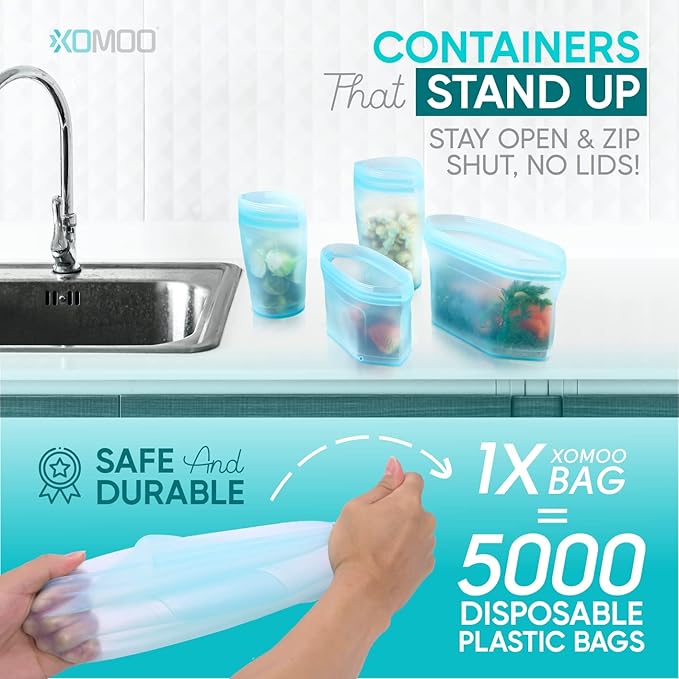 Reusable food container silicone bag, Upgrade second generation 6 Pcs Zip Containers Storage, 100% Silicone Reusable Food Bag, Stand Up Preservation Bag, Rounded interior for easy cleaning.