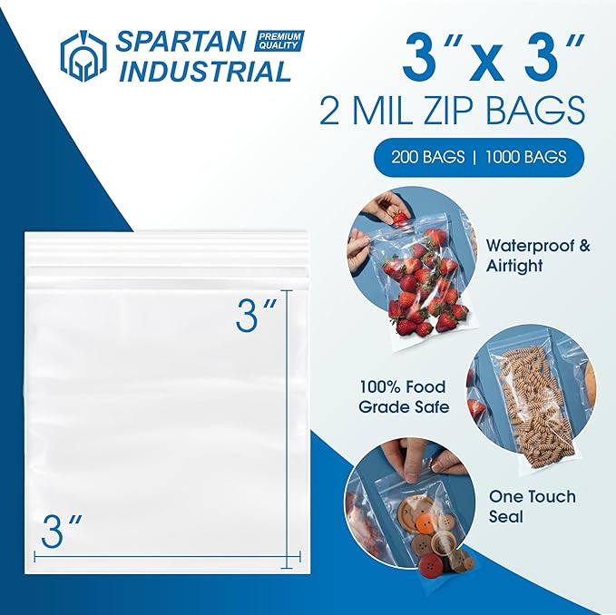 Spartan Industrial - 3” X 3” (200 Count) 2 Mil Clear Reclosable Zip Plastic Poly Bags with Resealable Lock Seal Zipper