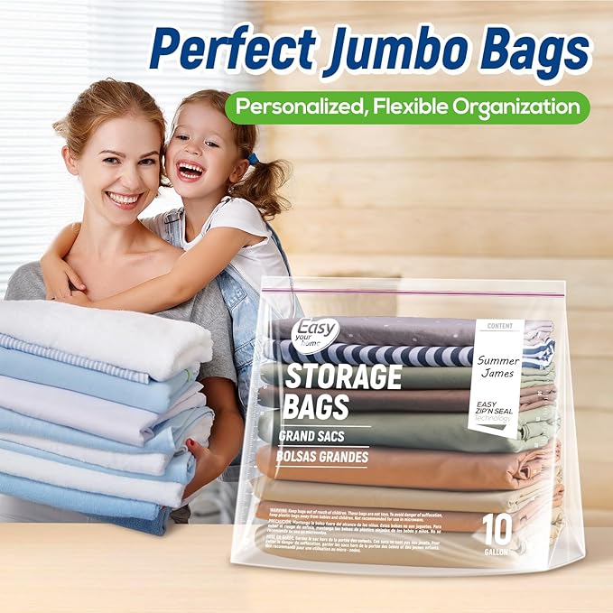 10 Gallon Jumbo Zipper Lock Storage Bags,24" x 20.5"+7",Reusable XL Size Plastic Bag with Zip Top and Bottom for Food,Clothing,Travel,Moving,BPA-Free,3-Mil Thick