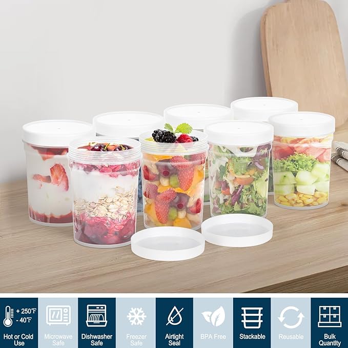 32 oz -12 Pack Reusable Food Freezer Storage Containers with Lids BPA Free, Twist Top Deli Container, Leak Proof, Stackable, Microwave and Dishwasher Safe-Elegant White