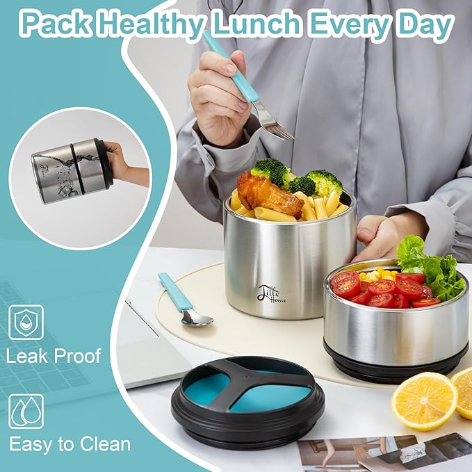 Lille Home 1500ml Thermos Food Flask, Vacuum Insulated Stackable Stainless Steel Thermal Lunch/Snack Box, 2-Tier Bento/Food Container with Lunch Bag (Blue)