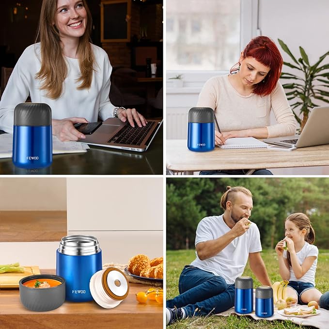 FEWOO Food Jar - 20oz Vacuum Insulated Soup Container, Stainless Steel Lunch Box for Kids Adult, with Folding Spoon for Hot or Cold Food (Bright Blue)