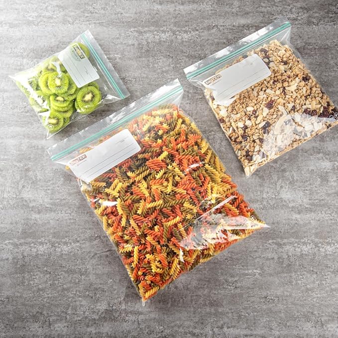 Restaurantware Bag Tek 2 Gallon Storage Zip Bags 25 Disposable Zipper Pouch Bags - Double Zipper Greaseproof Clear Plastic Zip Bags With Write-On-Label For Food Organization And Storage
