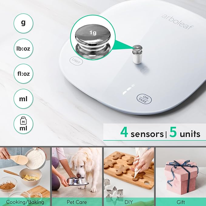Arboleaf Smart Food Kitchen Scale, 22lb Digital Food Scale with Nutritional Calculator, USB Rechargeable, Smart Weighing with App for Macro, Keto, Calorie, Cooking, Grams and Ounces, 0.1oz/0.5g, White