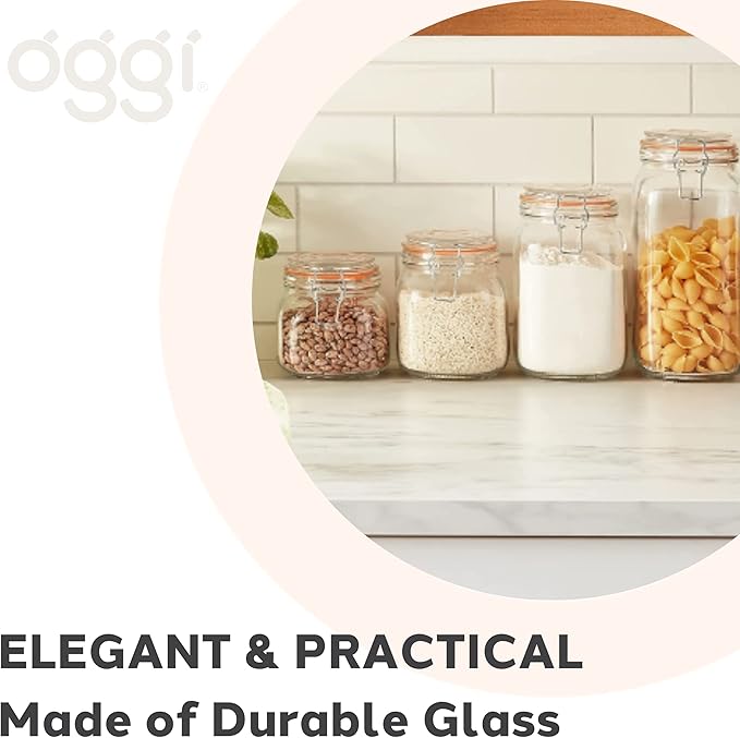 OGGI 4 Piece Airtight Glass Storage Containers Set - Includes 4 Glass Kitchen Canisters with Clamp Lids & Silicone Seals - Farmhouse Kitchen Décor, Kitchen Storage, Pantry Storage, Food Storage