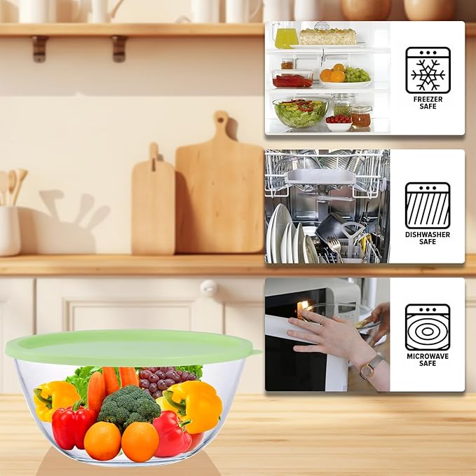 4.7 Quart Glass Mixing Bowls Large Glass Bowl with Lid Clear Salad Bowl for Cooking Baking Prepping Dishwasher Freezer, Microwave, Oven Safe