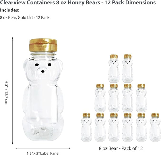 12 Pack of 8 Ounce Honey Bears with Sealable Gold Flip Top Lids (8 oz. Bear, 12pk, Gold)