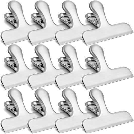 Chip Clips, 3 Inches Wide Food Bag Clips, Stainless Steel Snack Clips for Food Storage, Heavy Duty Food Bag Clamps, Air Tight Seal, Grip Bag Chip Clamps for Kitchen, Office, Pack of 12, Silver