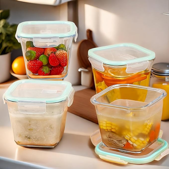 Qxbekmor Glass Soup Container with Airtight Lids, 4 Cup Square Glass Storage Containers, Meal Prep Container for Soup, Leftover, Overnight Oats, Oven, Microwave & Dishwasher Safe (4 Pack)