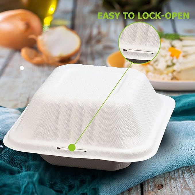 Green Earth 6-Inch, 100-Count, Compostable Clamshell, Natural Bagasse (Sugarcane Fiber), Take-Out/to-Go Food Boxes - Biodegradable Containers, Hinged Lid Microwave-Safe Gluten-Free Eco-Friendly