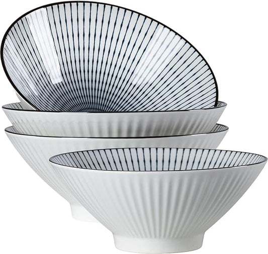 38 oz Japanese Ramen Bowls Set of 4, Large Pho Bowls, 8 Inch Ceramic Blue and White Soup Bowls, Striped Pattern
