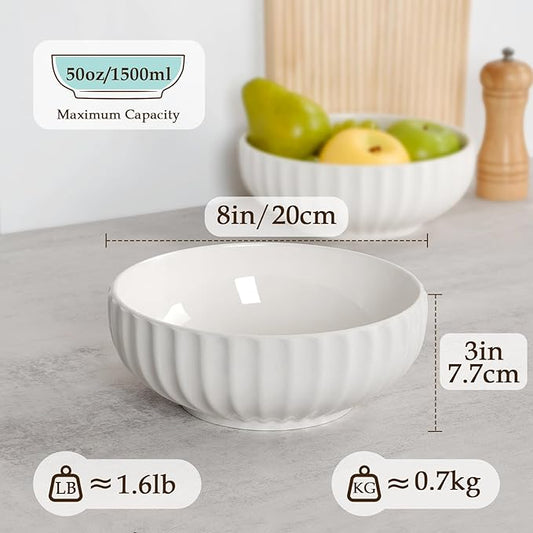NUTRIUPS 8 in Salad Bowl, 50oz Serving Bowls for Entertaining, 2 Pack Ceramic Bowls Set for Cooking Baking, Microwavable