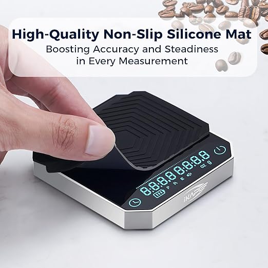 IKAPE Mini Digital Coffee Scale with Timer, 2kg/0.1g Precision, Rechargeable, Drip Espresso & Pour-Over, Tare Function, LED Display (Silver)