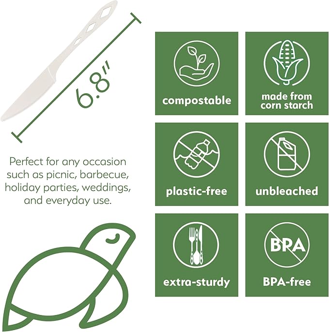100% Compostable Non Plastic Knives [100 Pack] CPLA Disposable Knives. Non Plastic Silverware Set. Eco-Friendly Cutlery, Off White Flatware, Extra Sturdy Utensils, by Earth's Natural Alternative