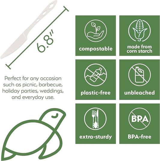 100% Compostable Non Plastic Knives [100 Pack] CPLA Disposable Knives. Non Plastic Silverware Set. Eco-Friendly Cutlery, Off White Flatware, Extra Sturdy Utensils, by Earth's Natural Alternative