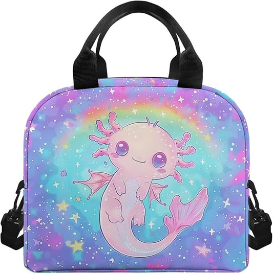 Showudesigns Rainbow Axolotl Lunch Bag for Women Galaxy Lunch Box Girls 6-8 8-10 10-12 Cooler Bag Reusable Lunch Tote Box With Front Pocket Thermal Meal Organizer Bento Box