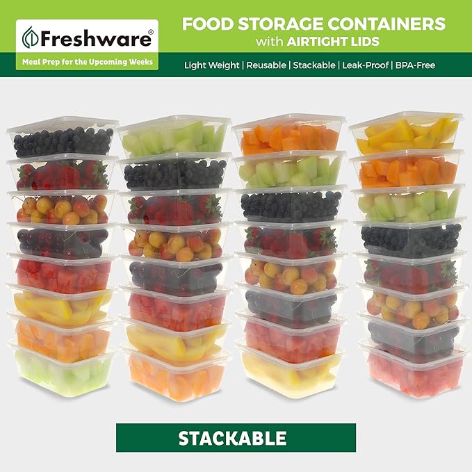 Freshware [45 Pack, 25 oz Plastic Deli Food Storage Soup Containers With Airtight Lids, Slime Containers, Freezer Safe | Meal Prep | Stackable | Leakproof | BPA Free, Clear