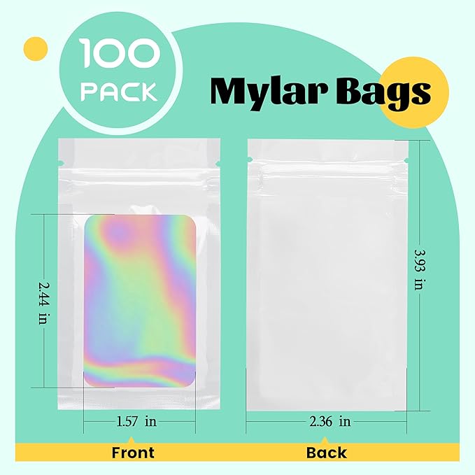 100 Pack Holographic Bags White Packaging Bags Mylar Bags with Window for Food Storage and Small Business(2.4×4Inch)