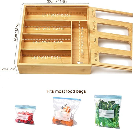 Plastic Bag Organizer for Drawer, Bamboo Food Storage Bags Container Organizer with Slider, Baggie Bags Storage for Drawer Compatible with Gallon, Sandwich Variety Size Bags