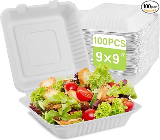 greensight Clamshell Take Out Food Container 100 Pack, 9 x 9 Compostable To Go Containers, Disposable To Go Food Boxes, Biodegradable Made From White Sugarcane Fibers
