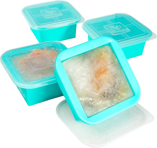 Silicone Freezer Tray with Lid 4 Pack Silicone Freezer Molds Ice Cube Tray Makes 4 Perfect 2 Cup Portions Soup Cubes Meal Prep Containers- Oven & Dishwasher Safe