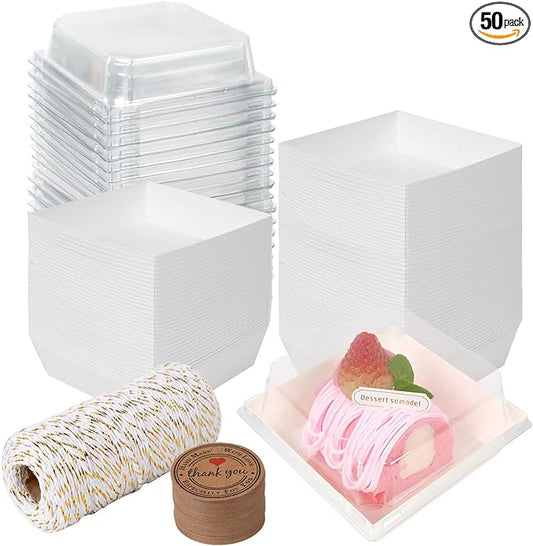Kosotody 50 Pack Charcuterie Boxes with Clear Lids, 4 Inches White Oil-Proof Kraft Paper Food Containers Bakery Boxes for Sandwich, Cookies, Hot Cocoa, Cupcakes and Strawberries(White)