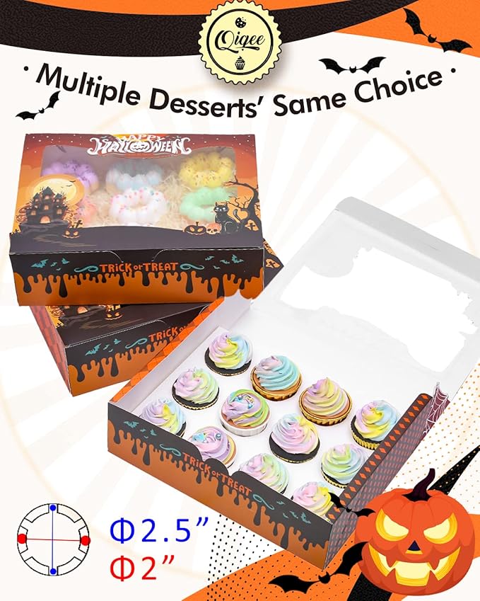 qiqee 12 Cupcake Boxes with Window 16 Packs Halloween Cupcake Box 13"x10"x3.5" Cupcakes Carrier,12 Cupcake Containers For Halloween