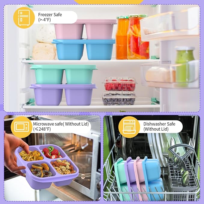 Bento Lunch Box for Kids (4 Pack) - 4-Compartment Salad Container for Lunch, Reusable BPA-Free Food Prep Containers, Snack Container for School, Work, and Travel (Solid Color)