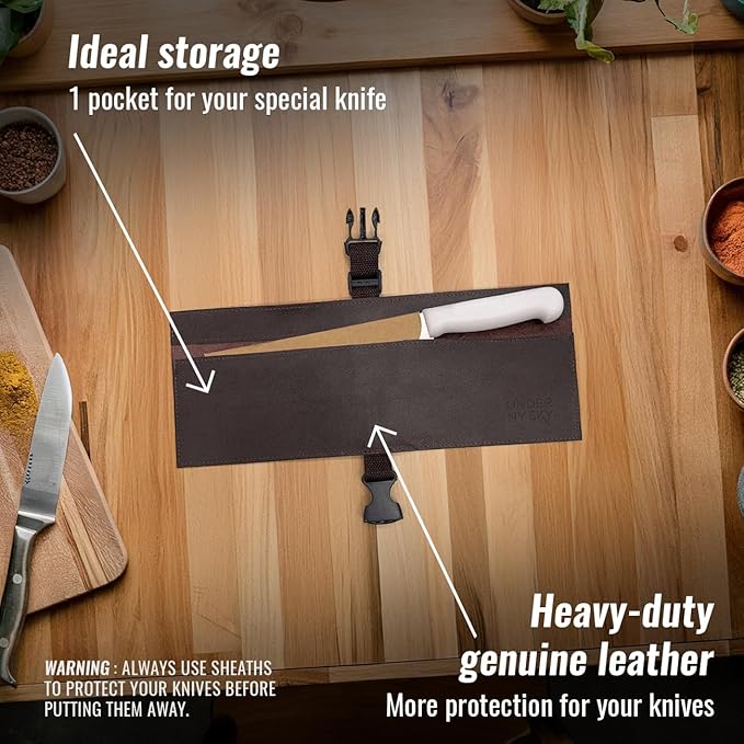 Under NY Sky Genuine Leather Knife Roll Case - 1 Slot - Real Leather Pouch - Portable Bag for Cooking Tools, Utensils, Cutlery Knives, Brushes - Chefs, Kitchen, Travel, Gift - Brown L