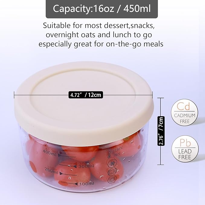 16 oz Glass Container with Silicone Lid,Glass Food Storage Container-Clear,Meal Prep Containers, Glass Freeze Bowls, Microwave Safe (2pcs)