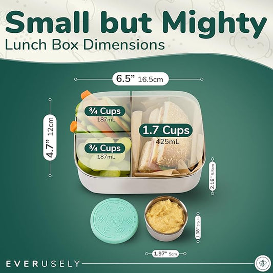 Everusely - Bento Box for Kids - Green, 6.5x4.7 / 27oz - Stainless Steel Lunch Box w/Leakproof Condiment Container - 3 Compartment Snack Box for School, Office Meals - Freezer & Dishwasher Safe