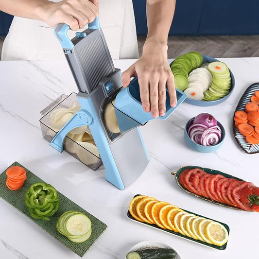 Thickness Adjustable Vegetable Chopper, Safe Mandoline Slicer Food Chopper With Container, Kitchen Gadgets Potato French Fry Cutter Tomato Apple Slicer Onion Vegetable Dicer - Gray&Blue