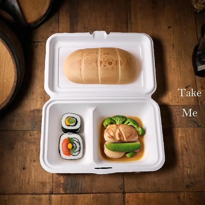 Greensoil 9x6 Compostable Clamshell Take Out Containers - 2-Compartment 100 Pack, Heavy Duty Microwavable Salad Container for Lunch, Biodegradable, BPI Certified for Food Trucks, Families, Schools