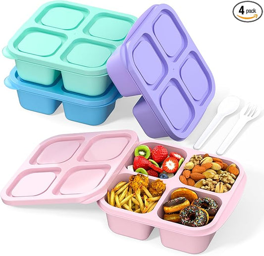 Bento Lunch Box for Kids (4 Pack) - 4-Compartment Salad Container for Lunch, Reusable BPA-Free Food Prep Containers, Snack Container for School, Work, and Travel (Solid Color)