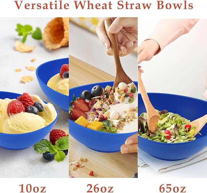 Salad Bowls Set of 6 with Textured Pattern,Unbreakable Wheat Straw Bowls for Cereal,Salad and Snack. Blue