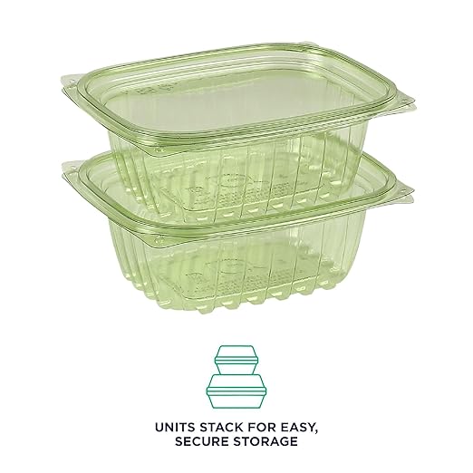 ECO PRODUCTS Compostable 12oz Rectangular Deli Containers With Lids, Pack of 100, Veridian Clear Green Meal Prep, Made from PLA, A Renewable Material Made from Plants, One Lid Fits All