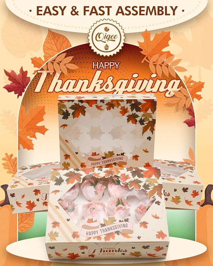 qiqee Thanksgiving 12 Cupcake Boxes with Window 16-Packs Cupcake Box 13"x10"x3.5" Cupcakes Carrier, 12 Cupcake Containers For Thanksgiving Day