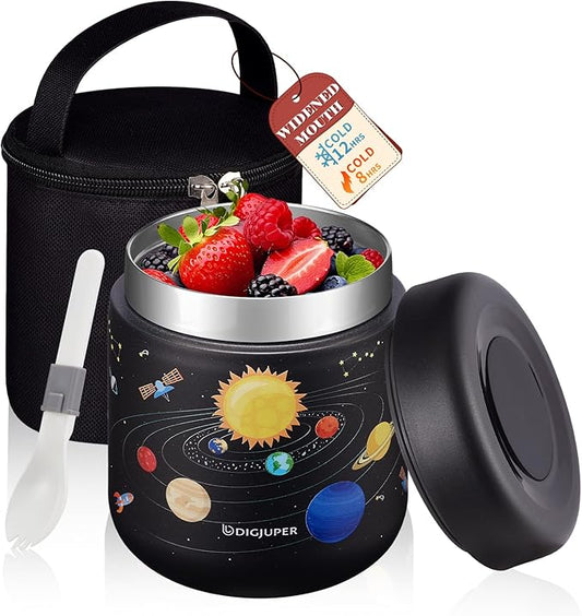 Wide-Mouth Thermo for Hot Food w/Insulated Lunch Bag - Cold-12h Hot-8h, 17 oz BPA-free & Spill-proof Stainless Steel Vacuum Soup Box Container for Adults Kids, Space Bento Food Jar for Office Travel