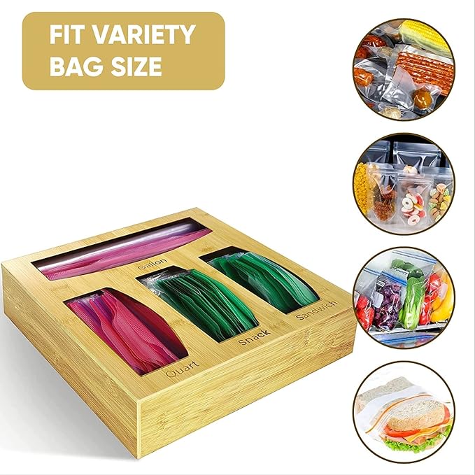 Food Bag Storage Organizer For Kitchen Drawer, Bamboo Baggie Holder,Solimo,Glad,Hefty For Gallon, Quart, Sandwich And Snack Variety Size Bags(1 Box 4 Slots) (1)