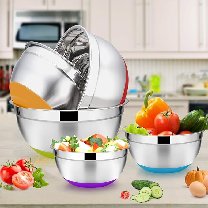 22-Piece Mixing Bowls with Lids & Accessories Set, E-far Stainless Steel Nesting Bowls with Colorful Covers & Non-Slip Bottoms, Metal Bowls for Cooking/Baking/Serving/Storage - Size 7/3.5/2.5/1.5/1 QT