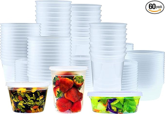 Deli Containers with Lids, Disposable Plastic Lunch Combo 60 Sets, 20 8 oz. & 20 16 oz. & 20 32 oz. Clear Food Storage Containers Leakproof, Plastic Round Freezer Soup Containers for Food