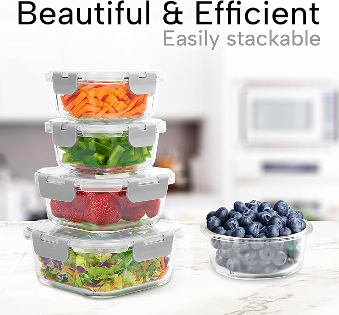Zulay Kitchen 12 Pack Glass Meal Prep Containers with Lids - Airtight, Premium Borosilicate Glass Food Storage Containers - Microwave, Freezer & Oven Safe, BPA Free - Gray
