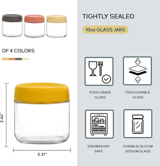 10 OZ Glass Food Jar Storage Containers with Airtight Lids, Reusable Wide Mouth Overnight Oats Glass Mason Jars for Snacks Yogurt Pudding(Multicolor 4pack-2)