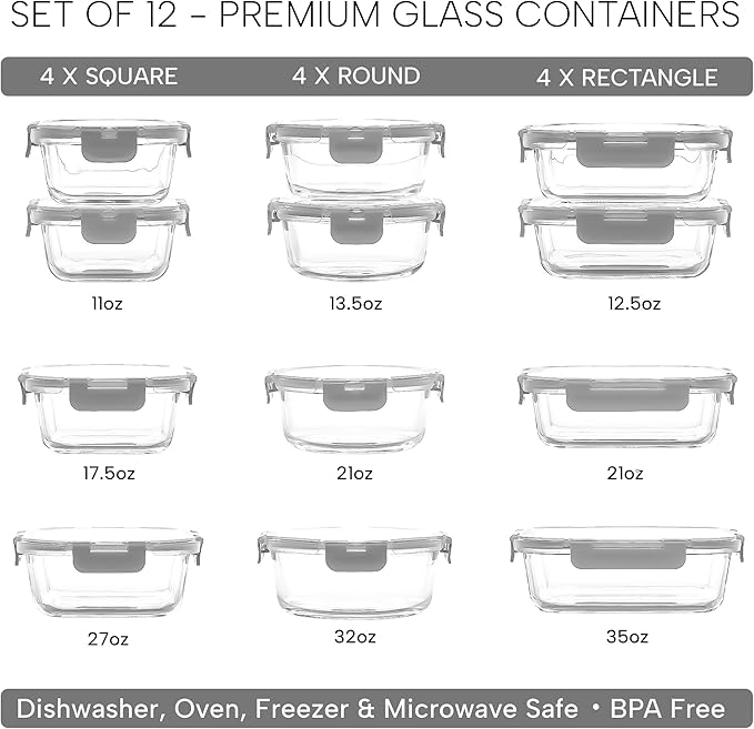 Zulay Kitchen 12 Pack Glass Meal Prep Containers with Lids - Airtight, Premium Borosilicate Glass Food Storage Containers - Microwave, Freezer & Oven Safe, BPA Free - Gray